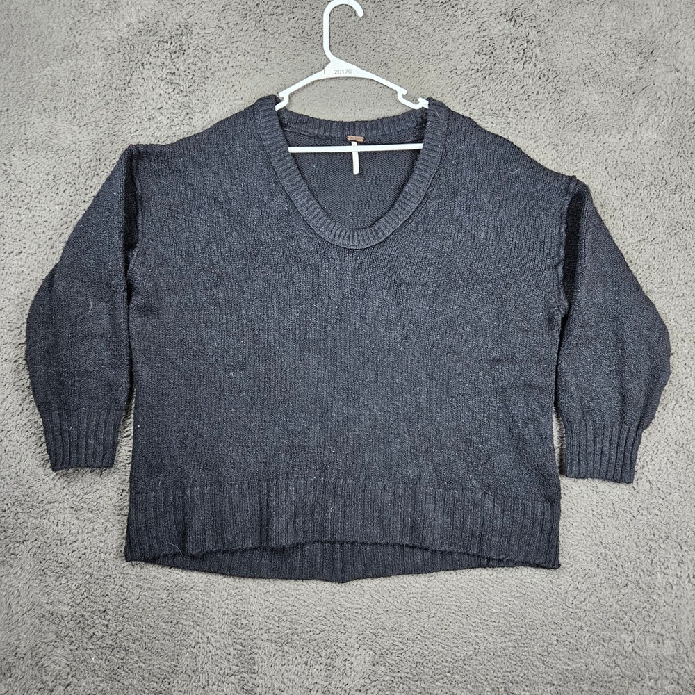 Free People Womens Small Black V-Neck‎ Oversized Pullover Knit Sweater